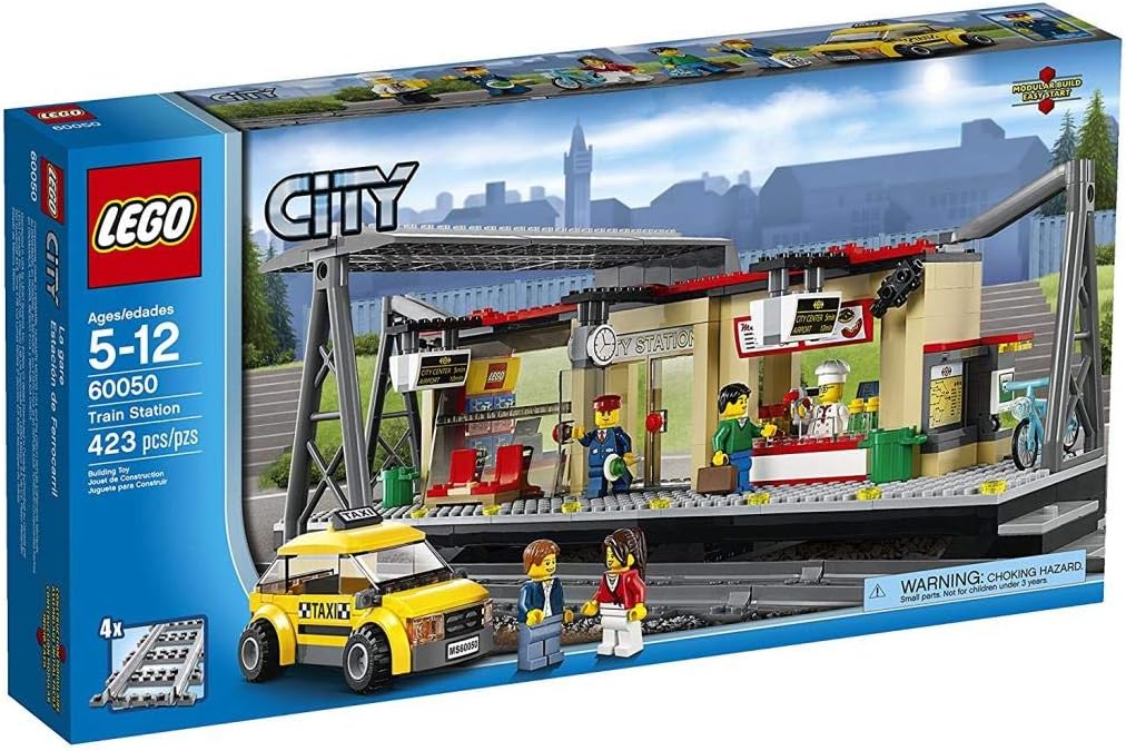 LEGO City Train Station Building with Taxi and Rail Track