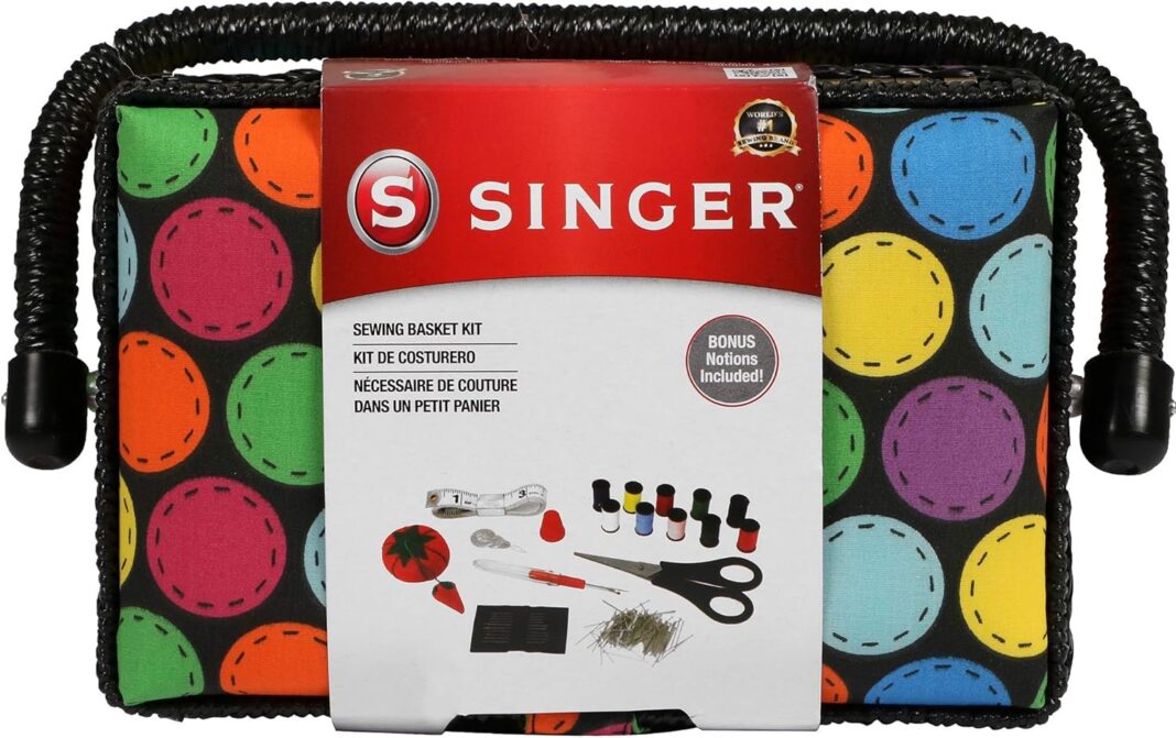 SINGER Polka Dot Small Sewing Basket with Sewing Kit Accessories